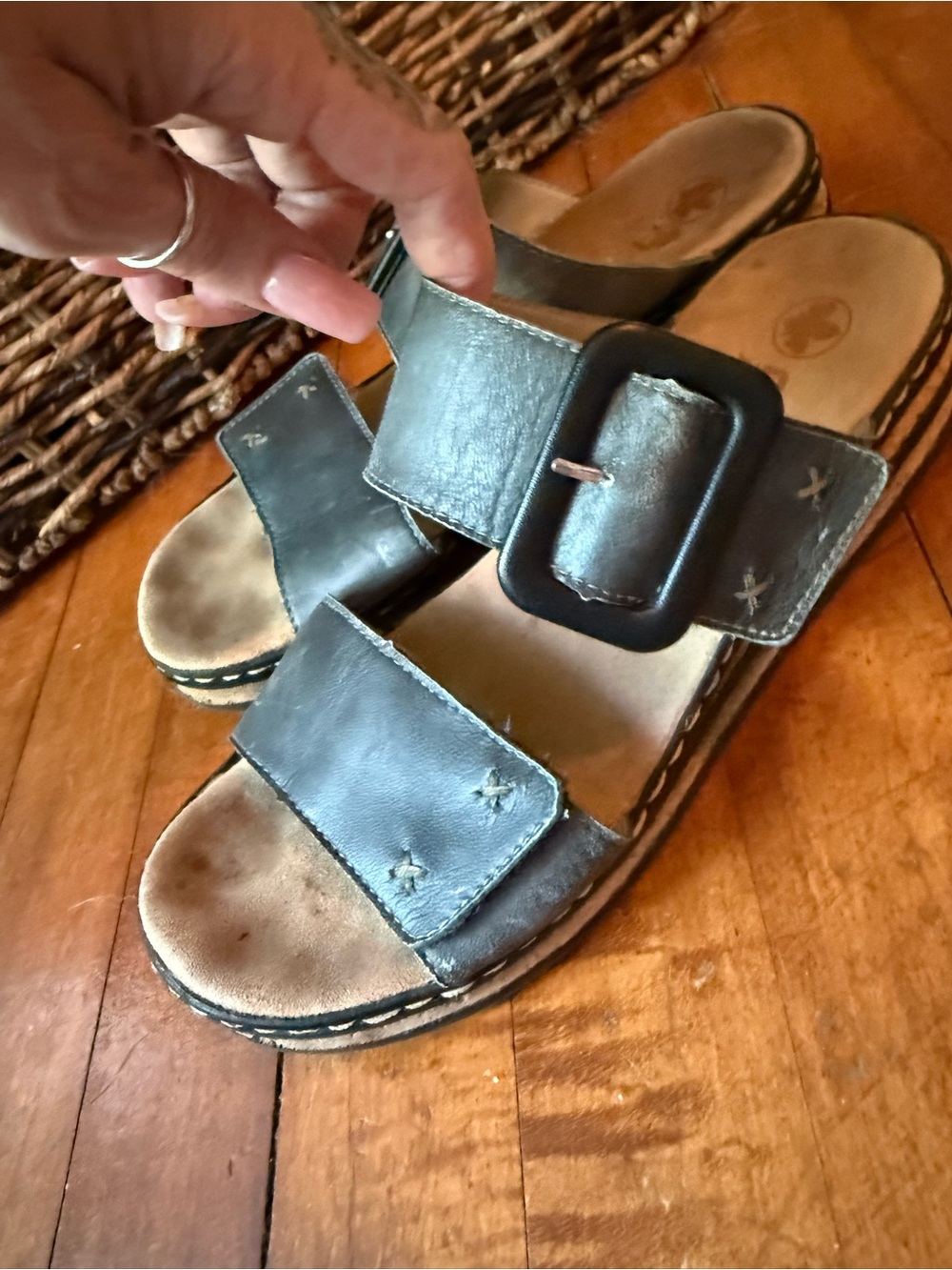 Rieker Blue Leather Slide Sandals with Buckle Detail